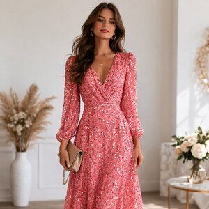 Mac Duggal Coral Sequin Midi Dress – Long Sleeve V-Neck Cocktail Dress – Size 10